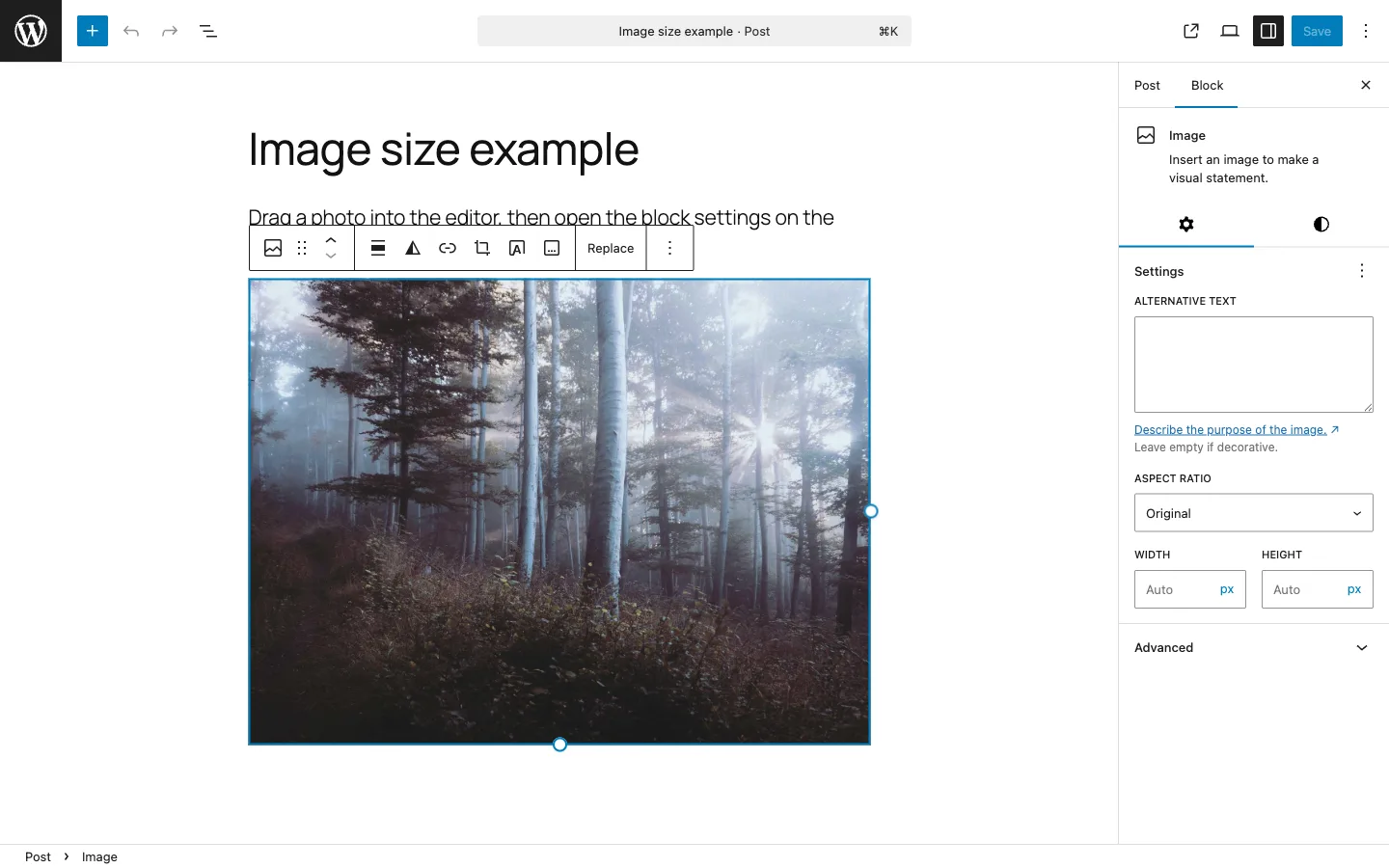 WordPress block editor with an image block selected, showing the Width and Height size controls in the right-hand block settings sidebar