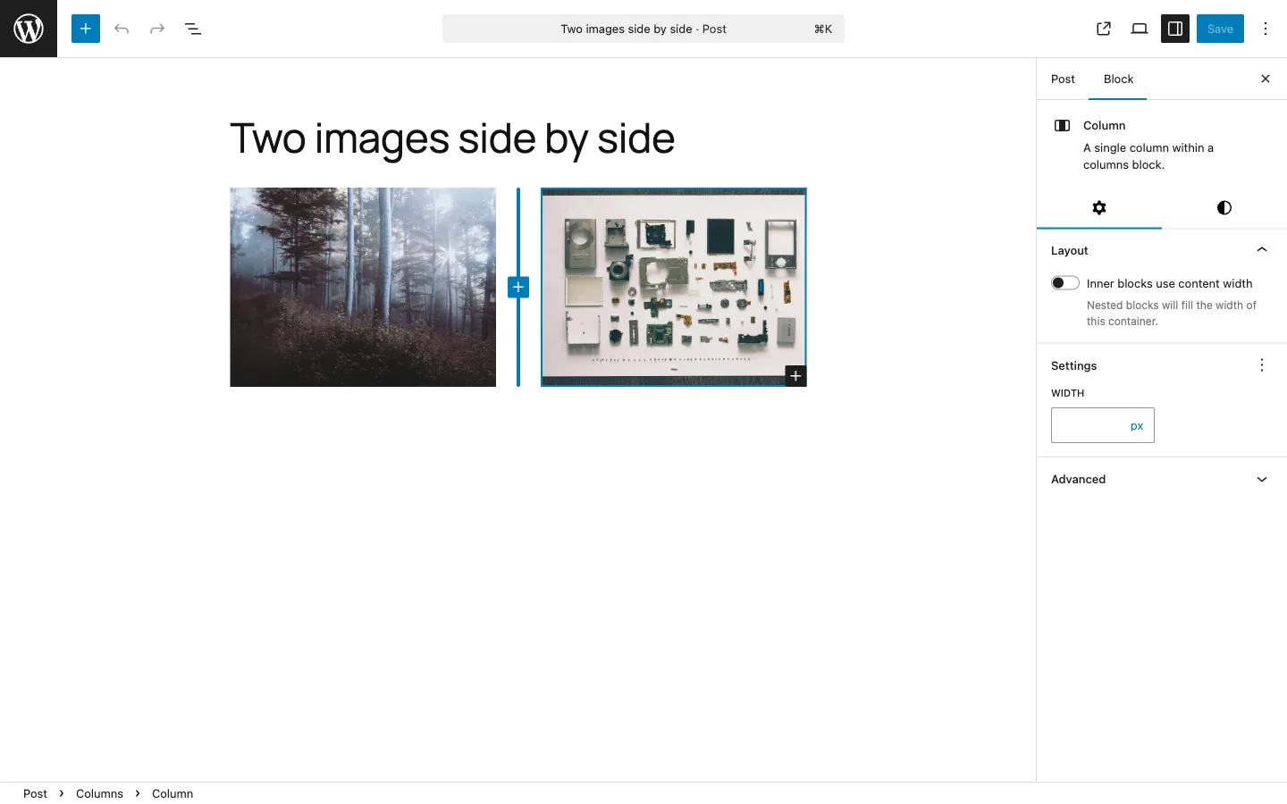 WordPress block editor showing a Columns block with two images side by side and the column Width control in the block settings sidebar