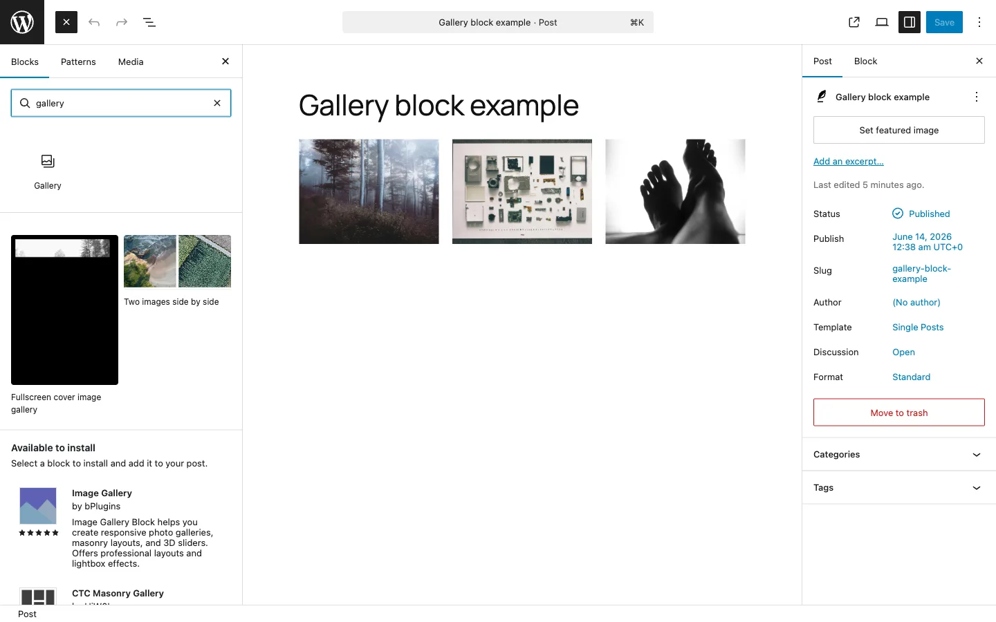 WordPress block inserter open with Gallery typed in the search box, showing the Gallery block result and a three-image gallery in the editor canvas