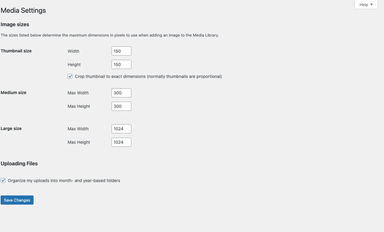 WordPress Settings → Media screen showing the maximum pixel dimensions for Thumbnail (150x150), Medium (300x300), and Large (1024x1024) image sizes