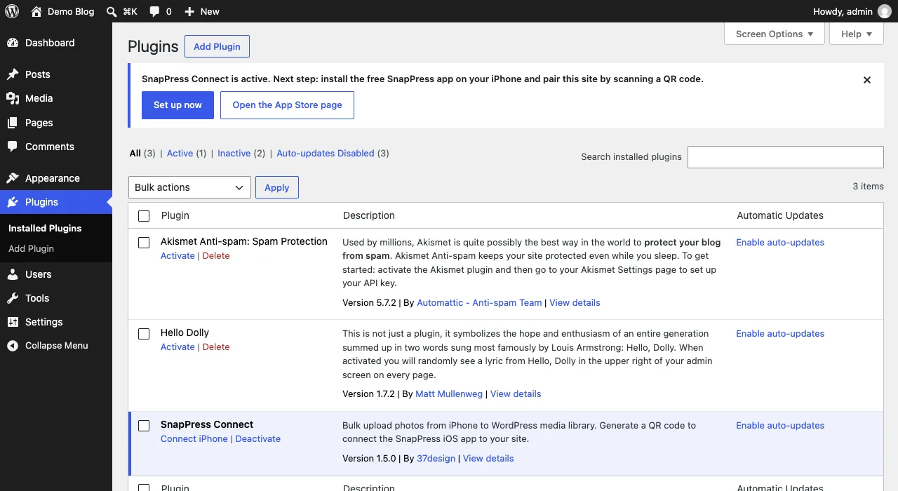 The Plugins screen immediately after enabling SnapPress Connect, showing the setup notice and the Connect iPhone link