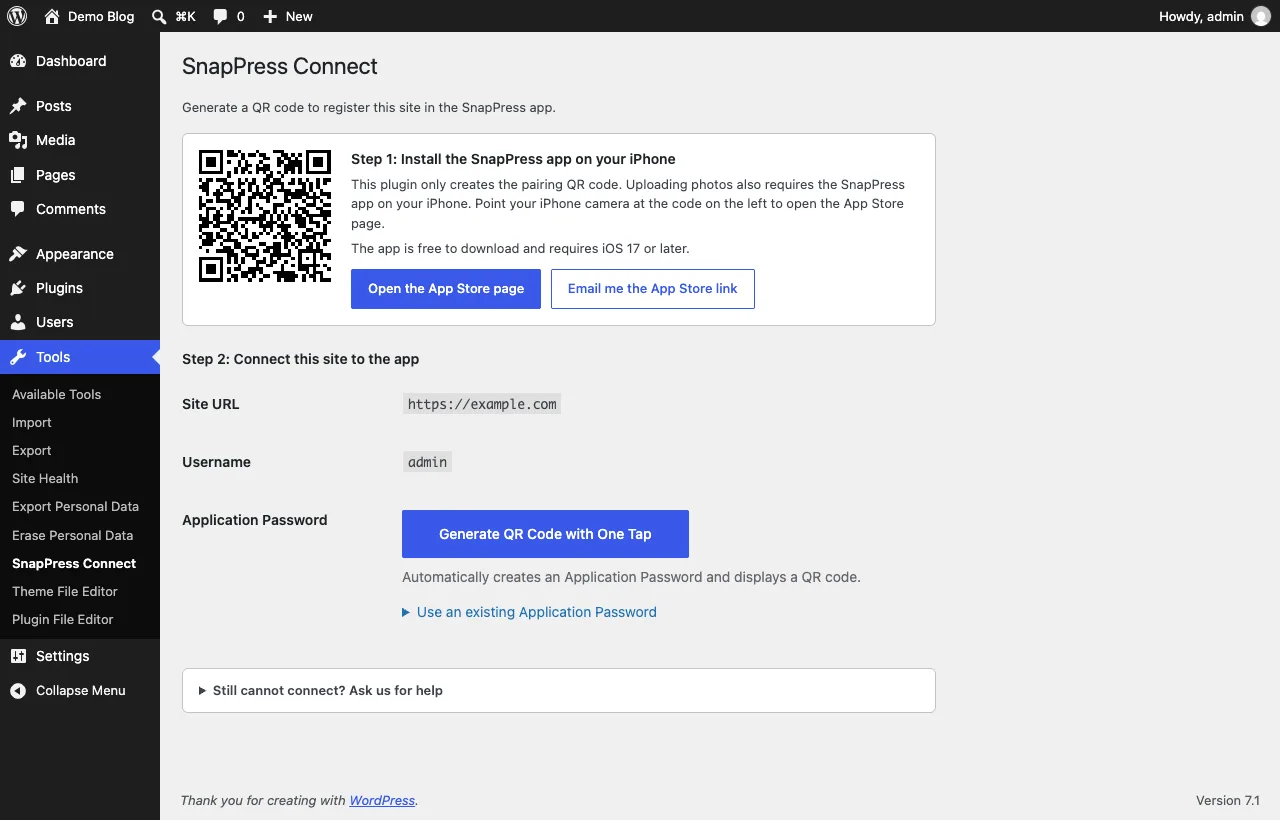 The SnapPress Connect setup screen: App Store QR code, email-the-link button, and one-tap QR code generation