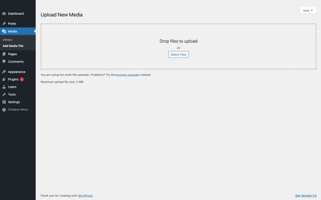 WordPress Add Media File screen