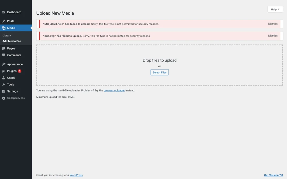 WordPress file type not permitted error