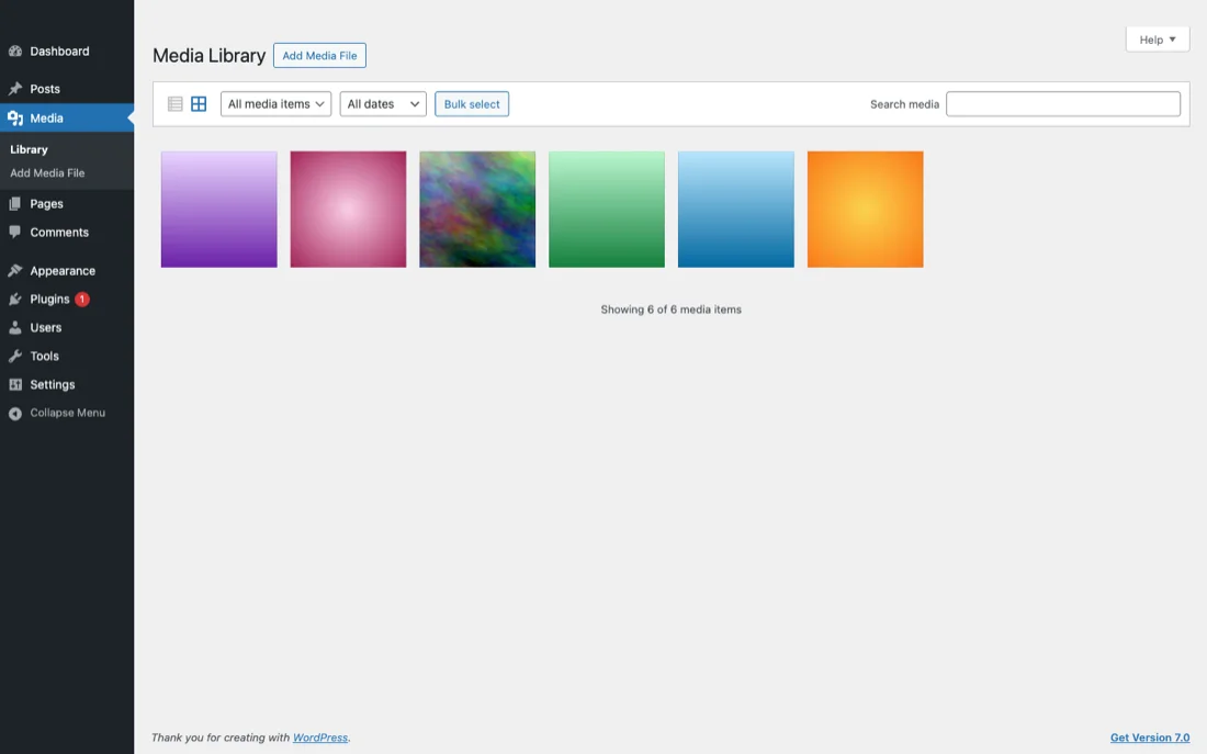 WordPress Media Library grid view