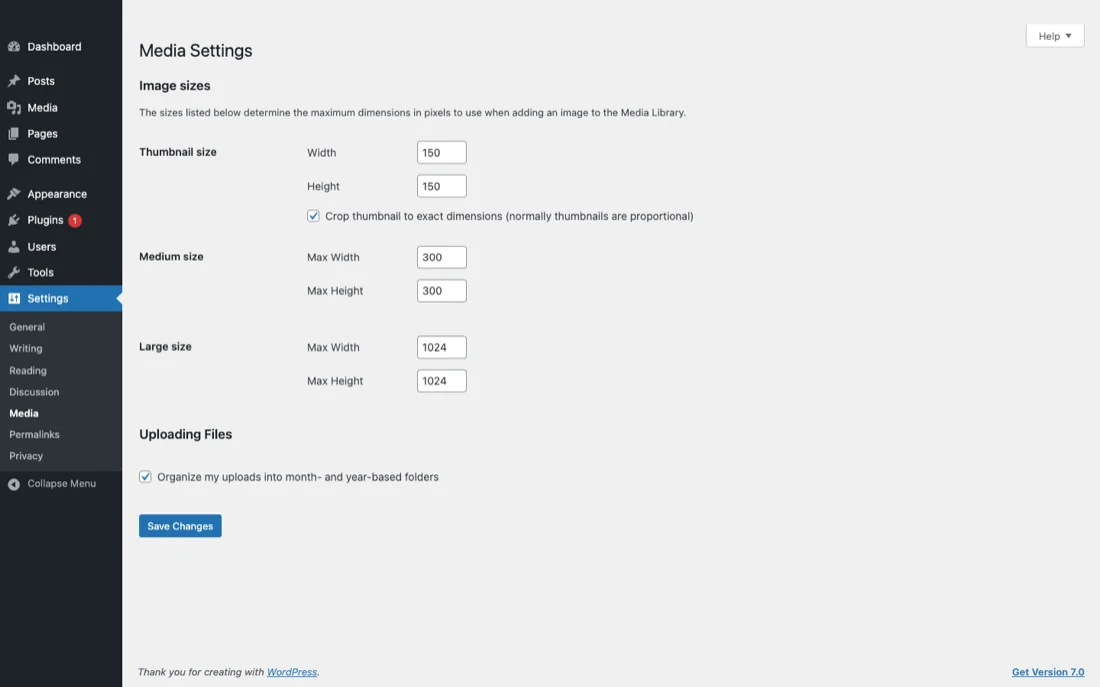 WordPress Settings Media image sizes