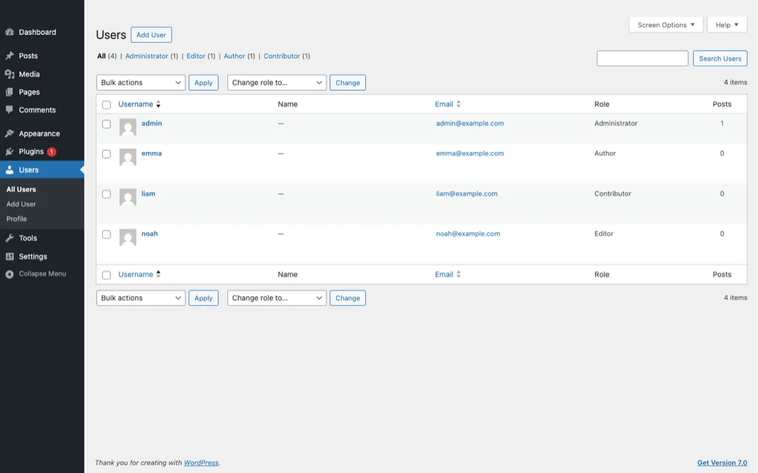 WordPress user roles list